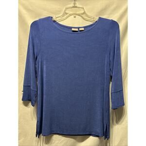 Chicos Travelers Shirt Womens Medium Slinky Liquid Knit Royal Blue 3/4 Sleeve